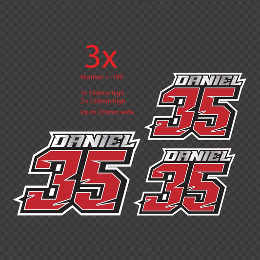 Race number decal – three red, black and white stickers showing the name Daniel and number 35 in different sizes