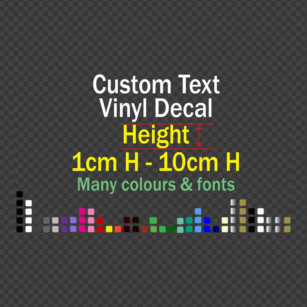 Metallic dichroic name decal – custom text sizes from 1 to 10 cm with a row of colour swatches