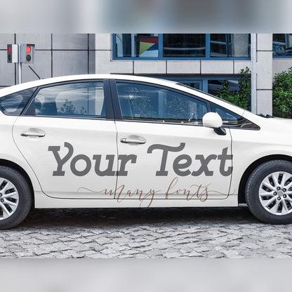 Personalised name decal – custom lettering in a choice of fonts along the side of a white car