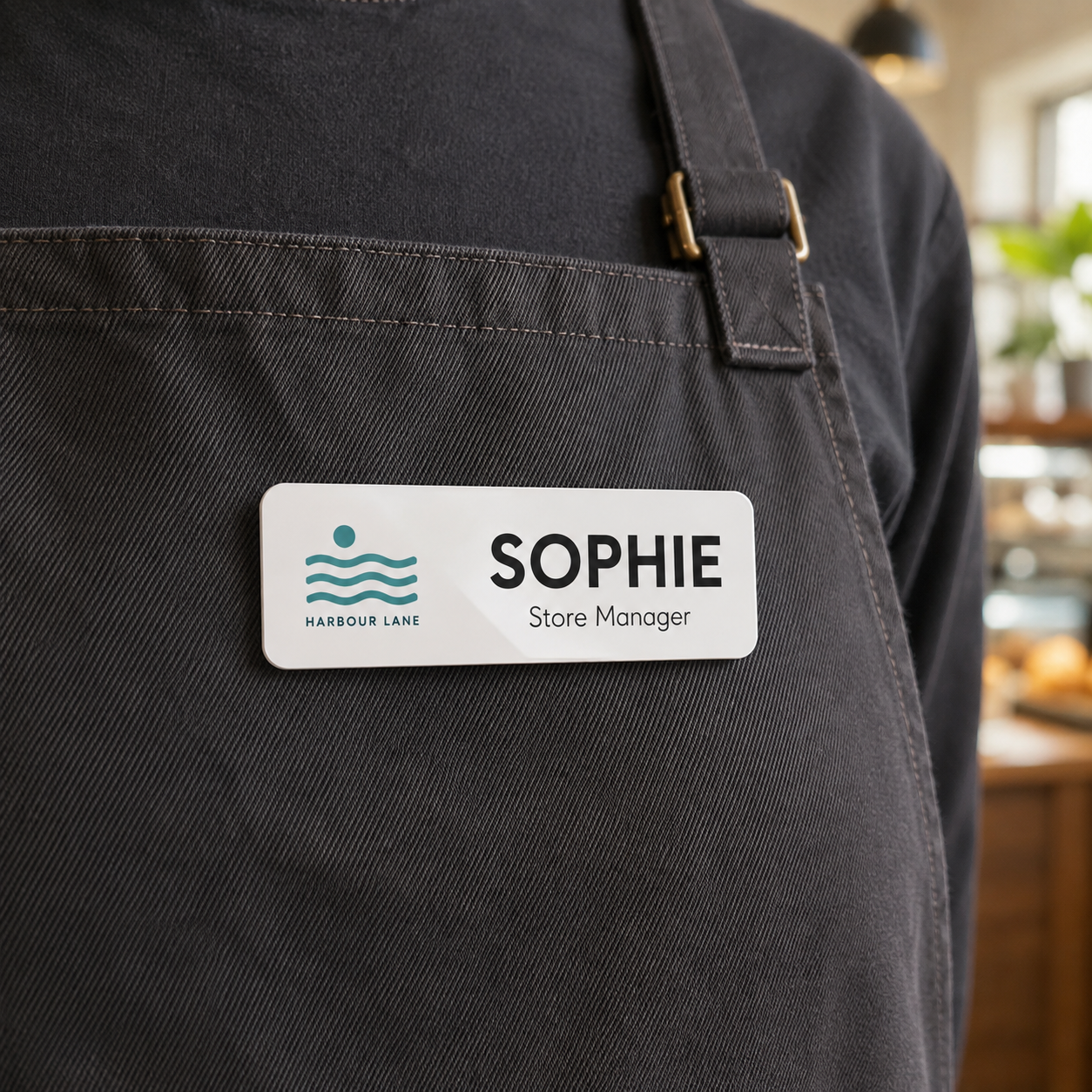 Name badge worn on a charcoal cafe apron