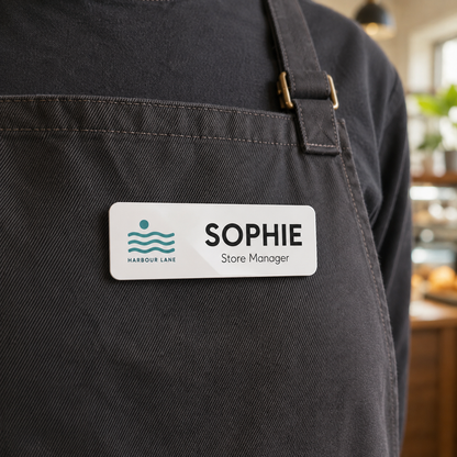 Name badge worn on a charcoal cafe apron
