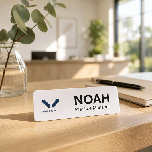 Name badge on a reception desk