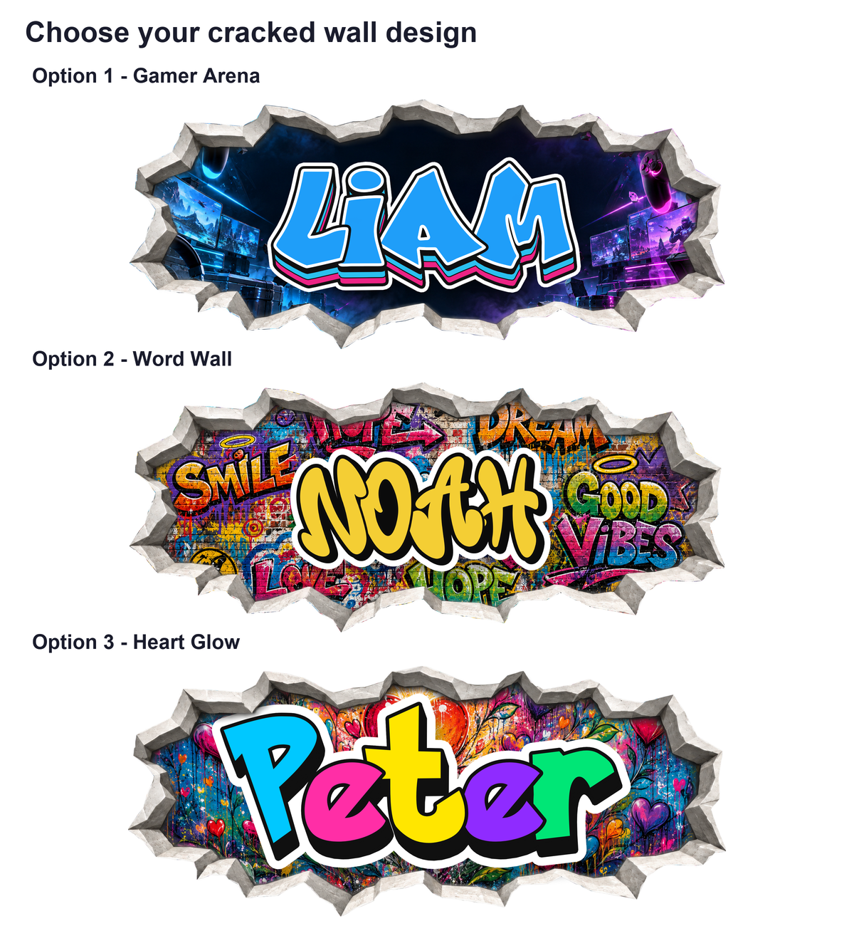 Three plaster cracked wall name designs: Gamer Arena, Word Wall and Heart Glow