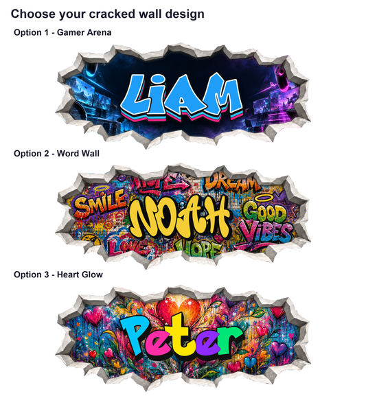 Three plaster cracked wall name designs: Gamer Arena, Word Wall and Heart Glow