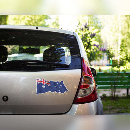 Distressed Australian flag car decal – waving flag sticker on the boot of a silver hatchback