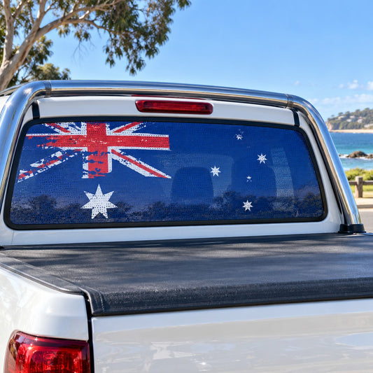 One-way vision decal – distressed Australian flag in perforated film on a ute rear window