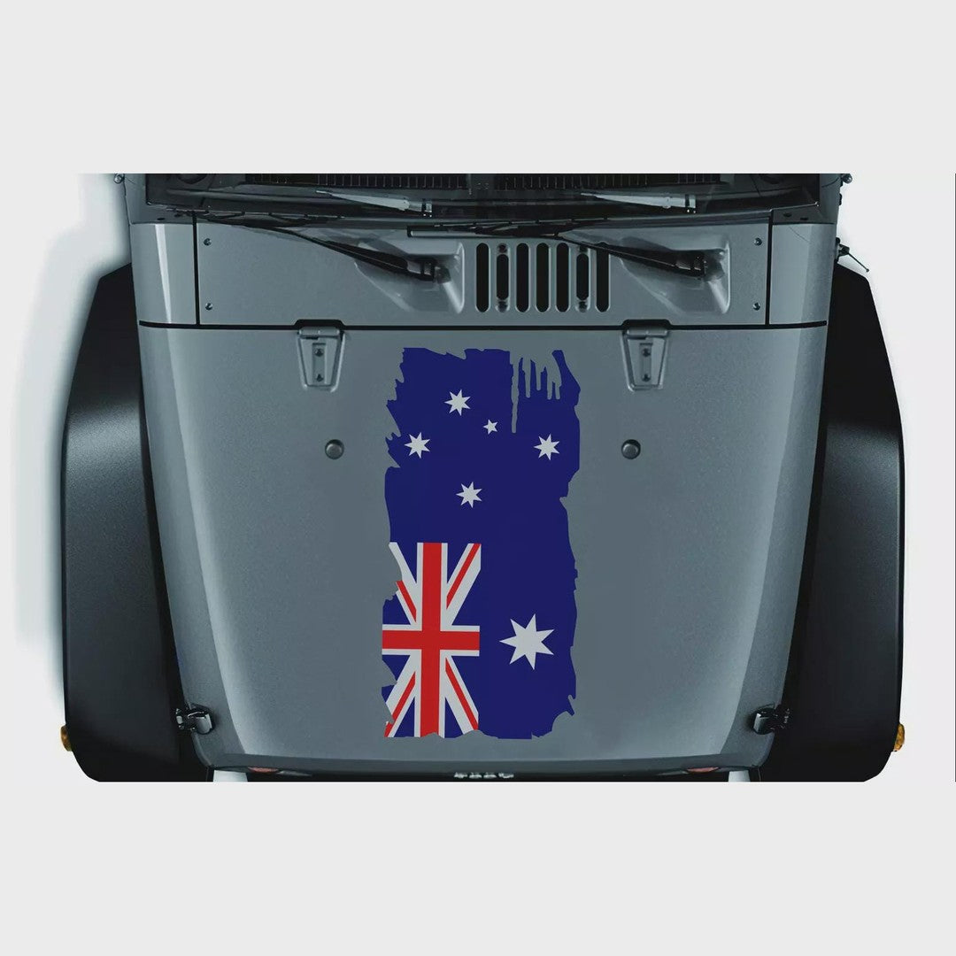 Distressed Australian flag decal – torn-edge blue flag with Union Jack and white stars on a grey 4WD bonnet