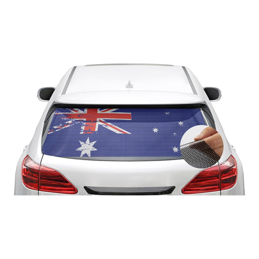 Distressed Australian flag window decal – perforated one-way vision film on a white car rear window