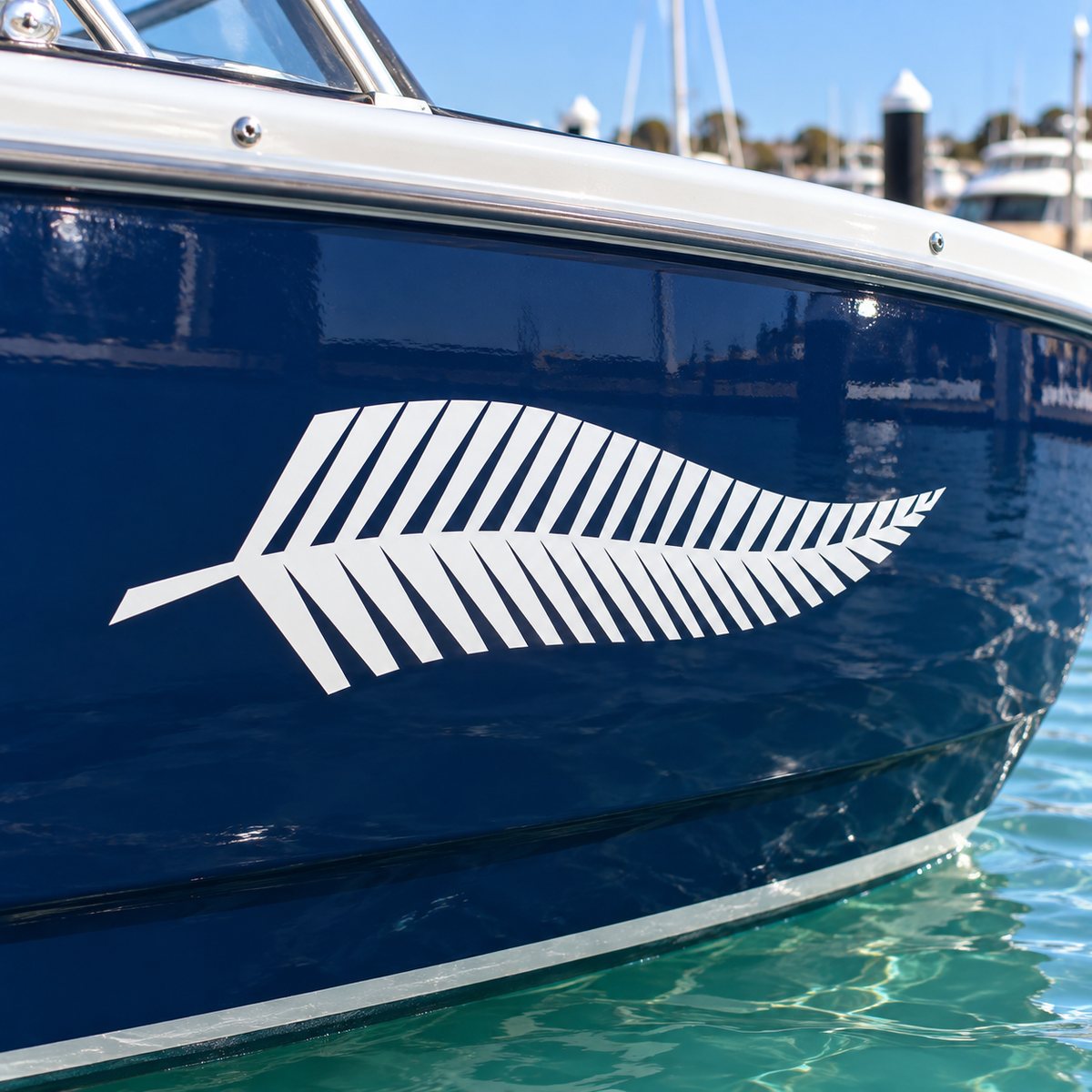 White silver fern decal on a navy boat hull