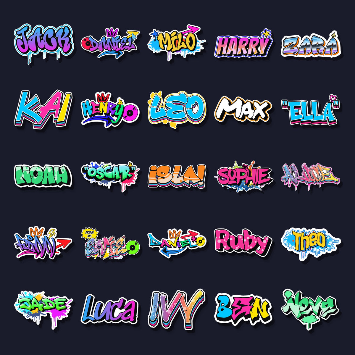 Graffiti name sticker designs from the OZ DECO Graffiti Maker