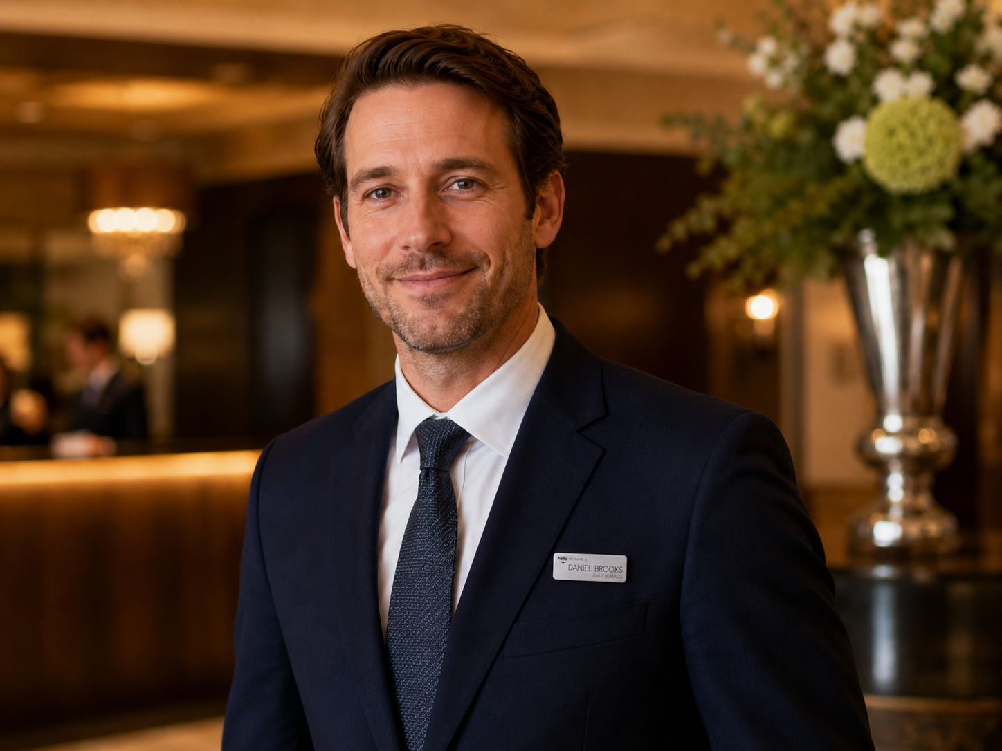 Man in a suit wearing a silver name badge.