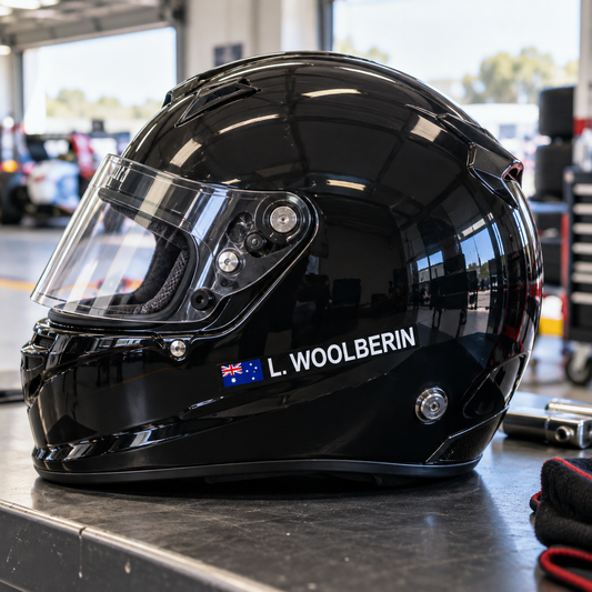 Australian flag driver name sticker on a black racing helmet