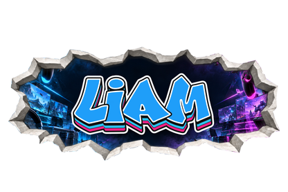 Personalised plaster cracked wall name sticker with Liam in a neon gamer arena