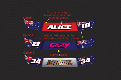 Custom Australian Flag Helmet Visor Decals: Racing Name & Number (300mm)