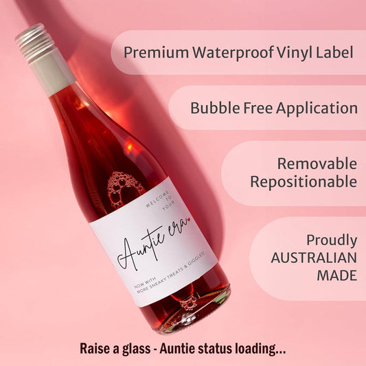 Welcome to Your Auntie Era Wine Labels: Pregnancy Announcement, Waterproof (Made in Australia)
