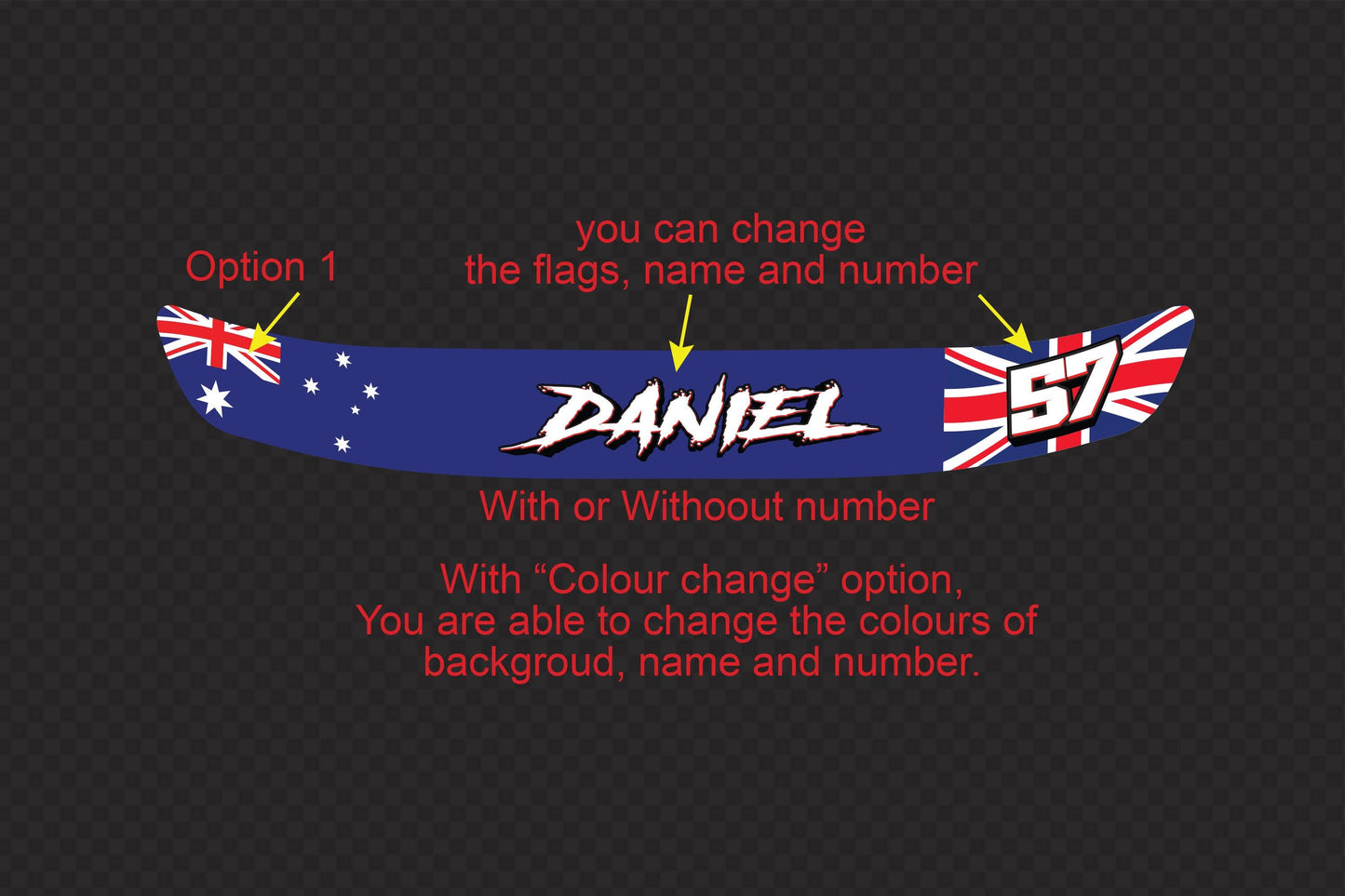 Custom Helmet Visor Decals: Name, Number & Australian Flag – view 2