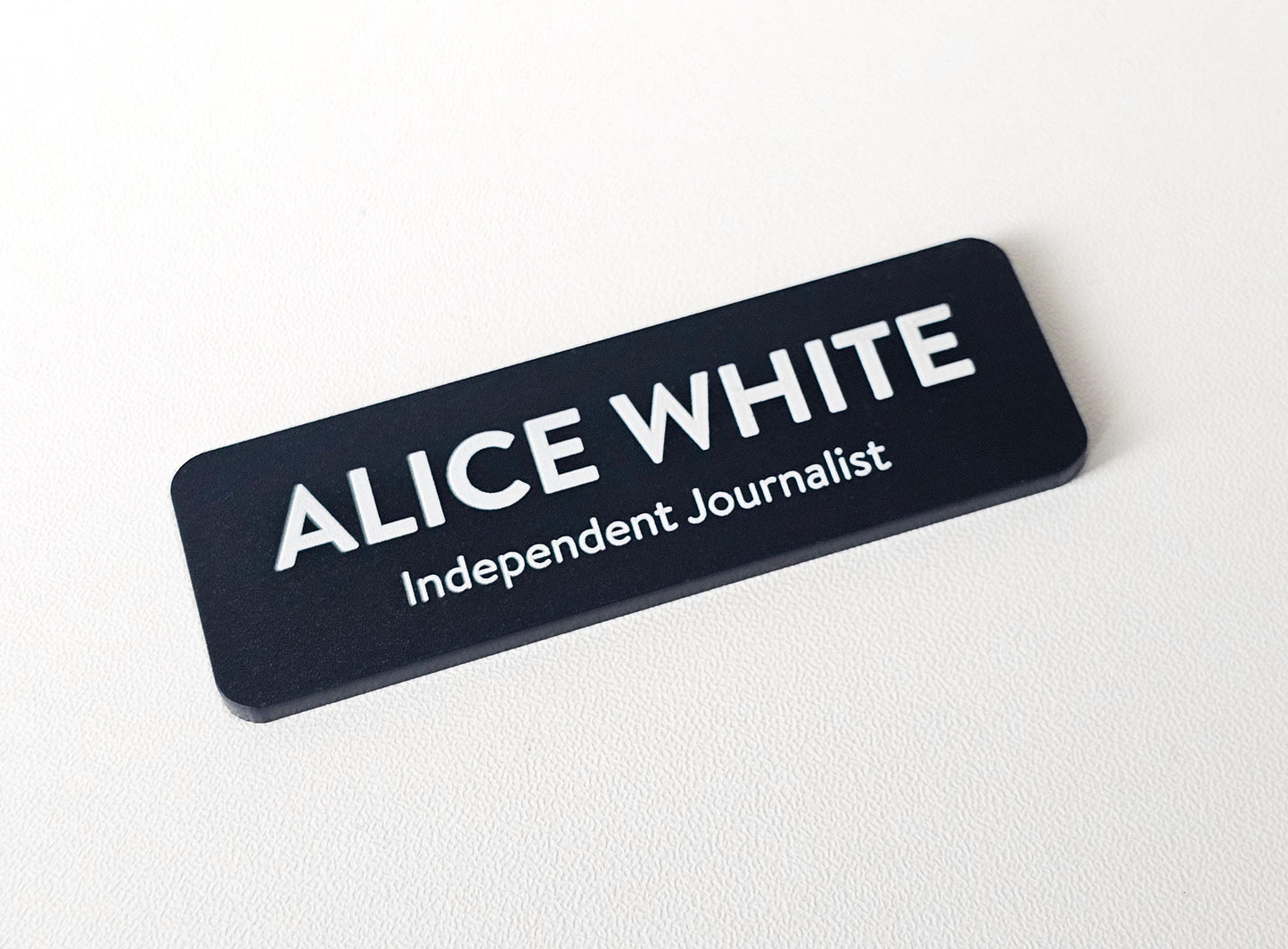 Custom Black Matte Acrylic Name Badge: White Print, Personalized ID