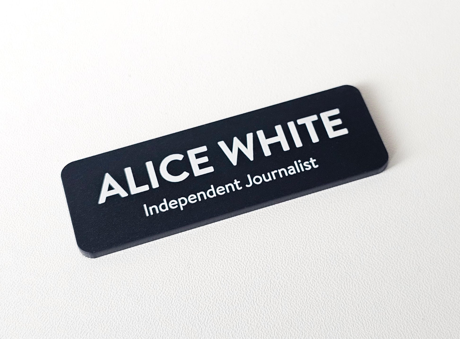 Custom Black Matte Acrylic Name Badge: White Print, Personalized ID