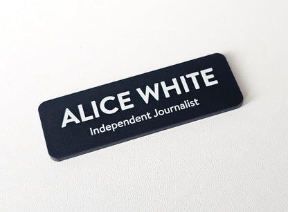 Custom Black Matte Acrylic Name Badge: White Print, Personalized ID