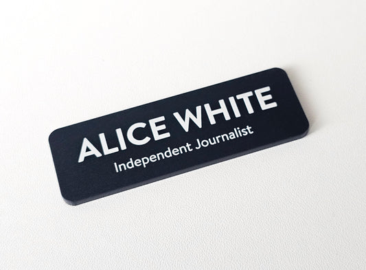 Custom Black Matte Acrylic Name Badge: White Print, Personalized ID
