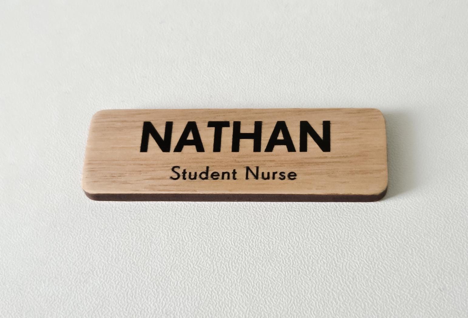 Custom Wooden Name Badge: UV Printed, Minimalist Design