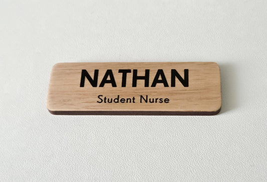 Custom Wooden Name Badge: UV Printed, Minimalist Design