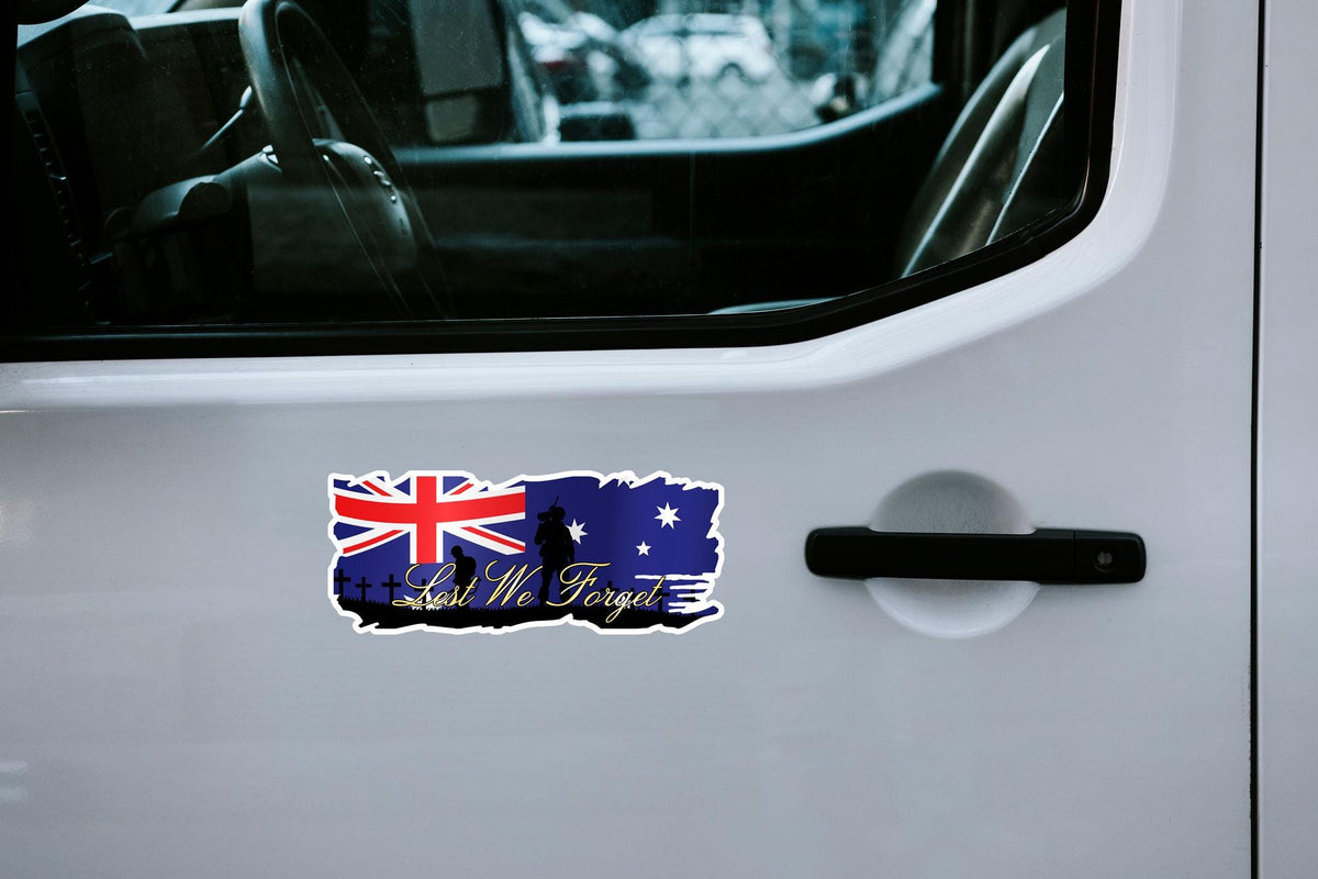 Distressed Australian Flag Decal: Lest We Forget ANZAC Vinyl Sticker