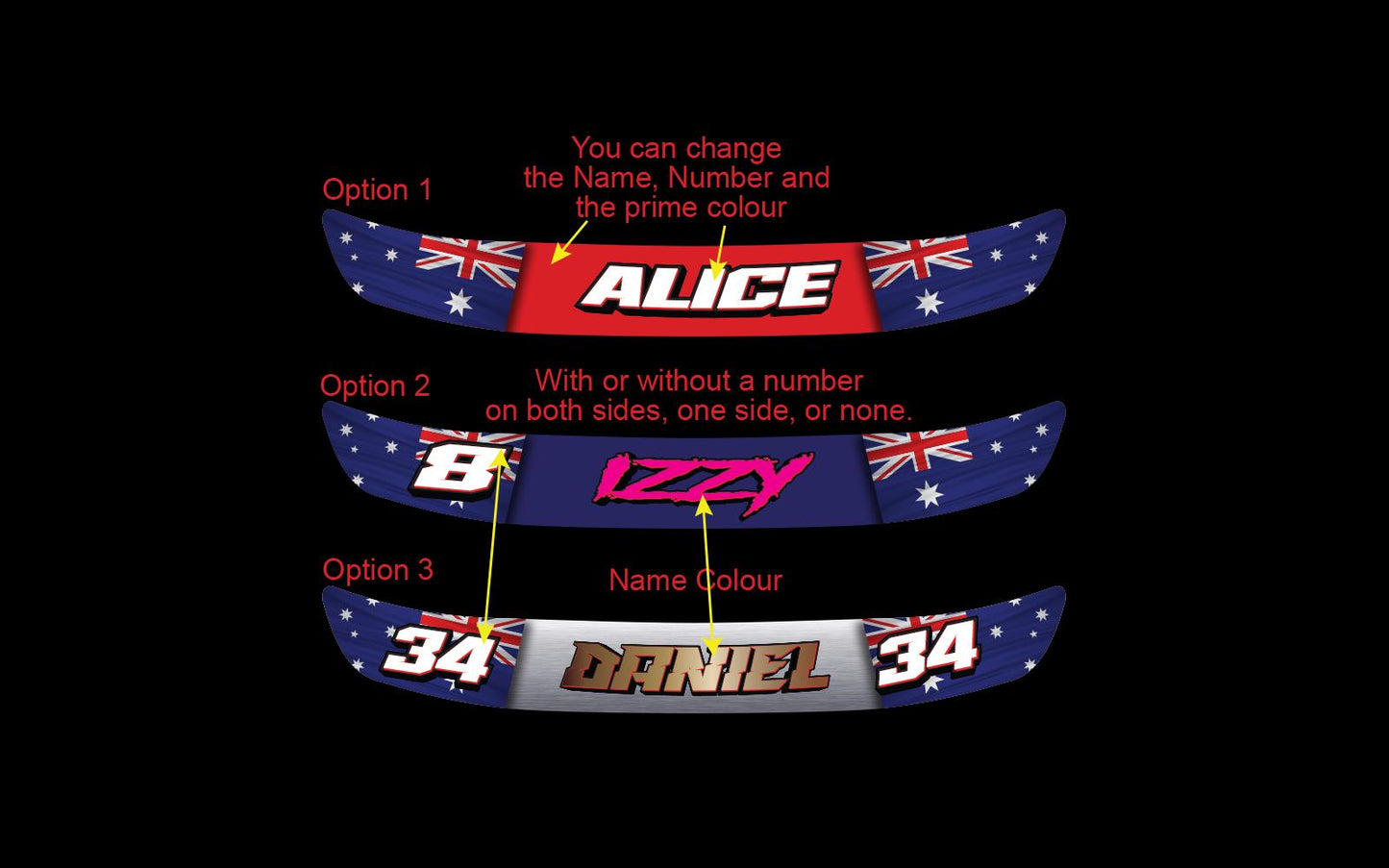 2x Custom Australian Flag Helmet Visor Decals: Racing Name & Number (universal fit)