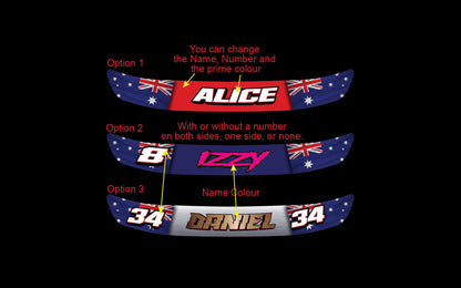2x Custom Australian Flag Helmet Visor Decals: Racing Name & Number (universal fit)