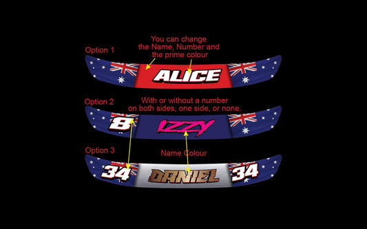 2x Custom Australian Flag Helmet Visor Decals: Racing Name & Number (universal fit)