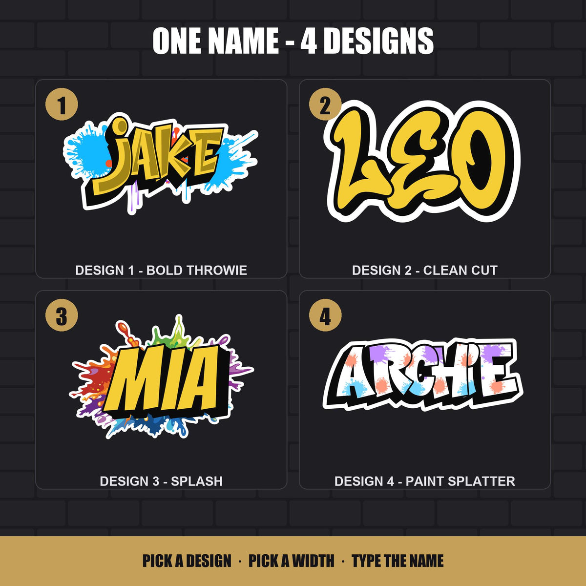 Graffiti name sticker – design chart showing Option 1 to 4 styles