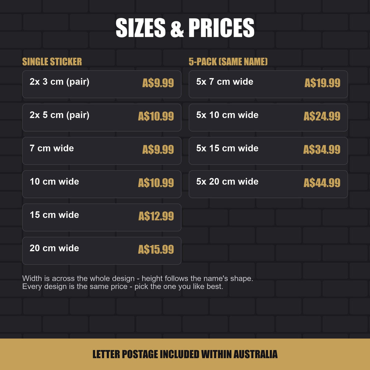 Graffiti name sticker – size chart from a 3 cm pair to a 20 cm 5-pack