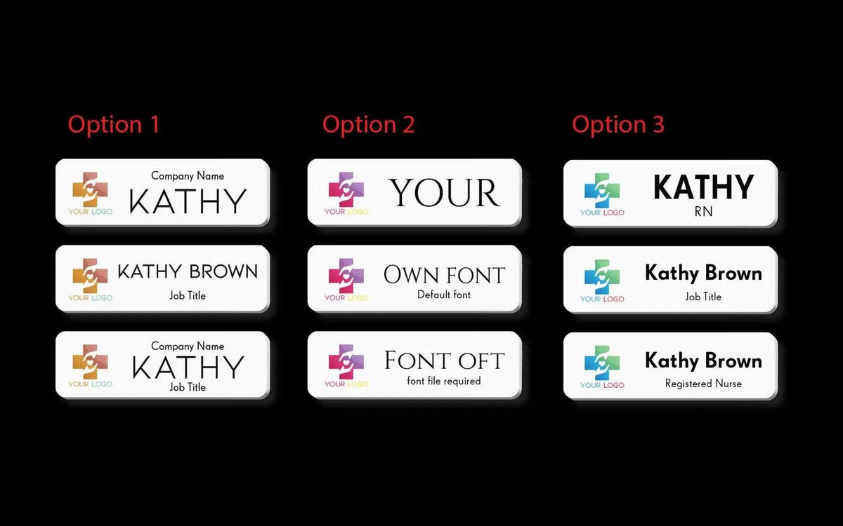 Logo name badge design options 1 to 3 showing name, job title and company name layouts