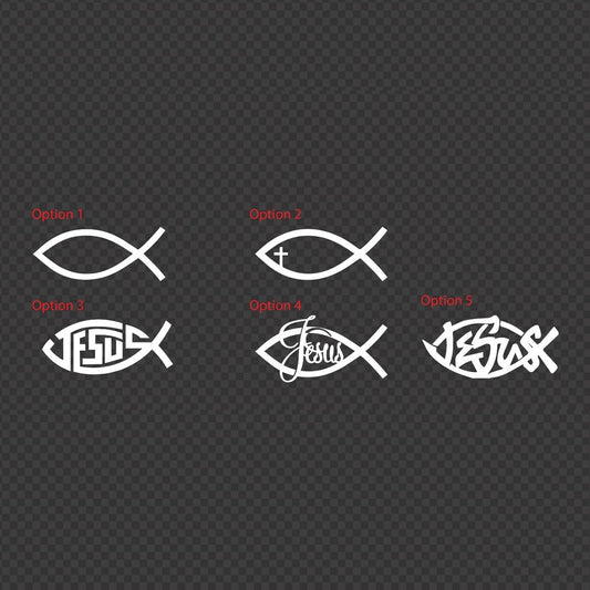 Jesus fish decal options chart – five white fish outlines, plain, with a cross or with Jesus lettering, on a dark background