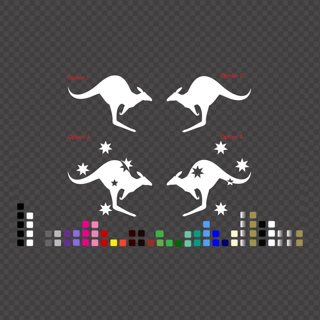 Kangaroo Southern Cross decal – four white kangaroo options, two with stars, on a dark background