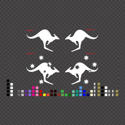 Kangaroo Southern Cross decal – four white kangaroo options, two with stars, on a dark background
