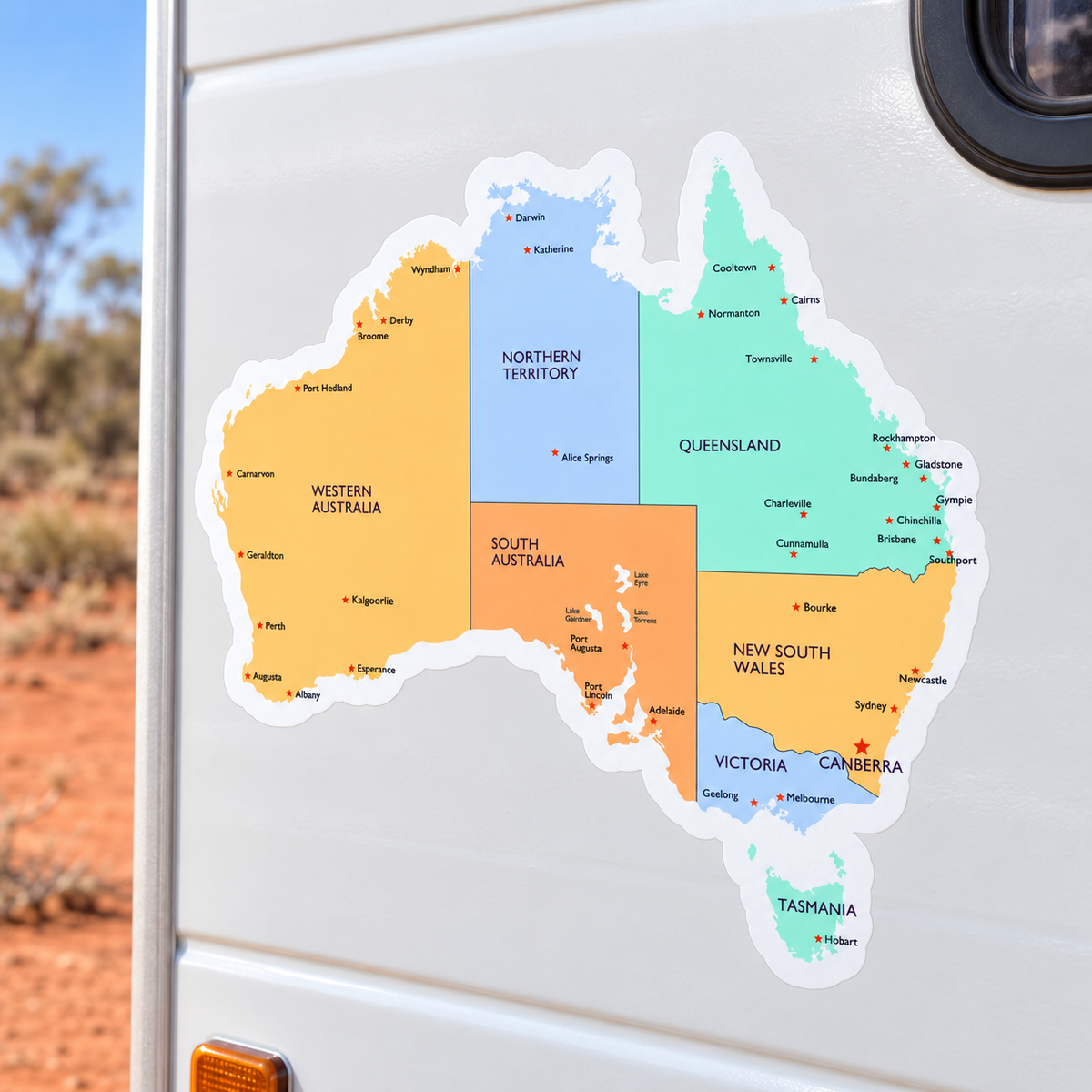 Map of Australia decal on a white caravan wall