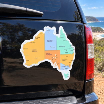Map of Australia decal on a black 4WD tailgate