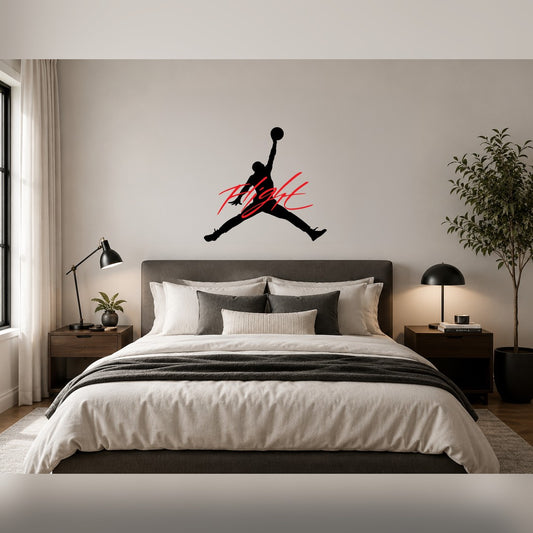 Michael Jordan Flight decal – black jumping silhouette with red Flight script on a bedroom wall