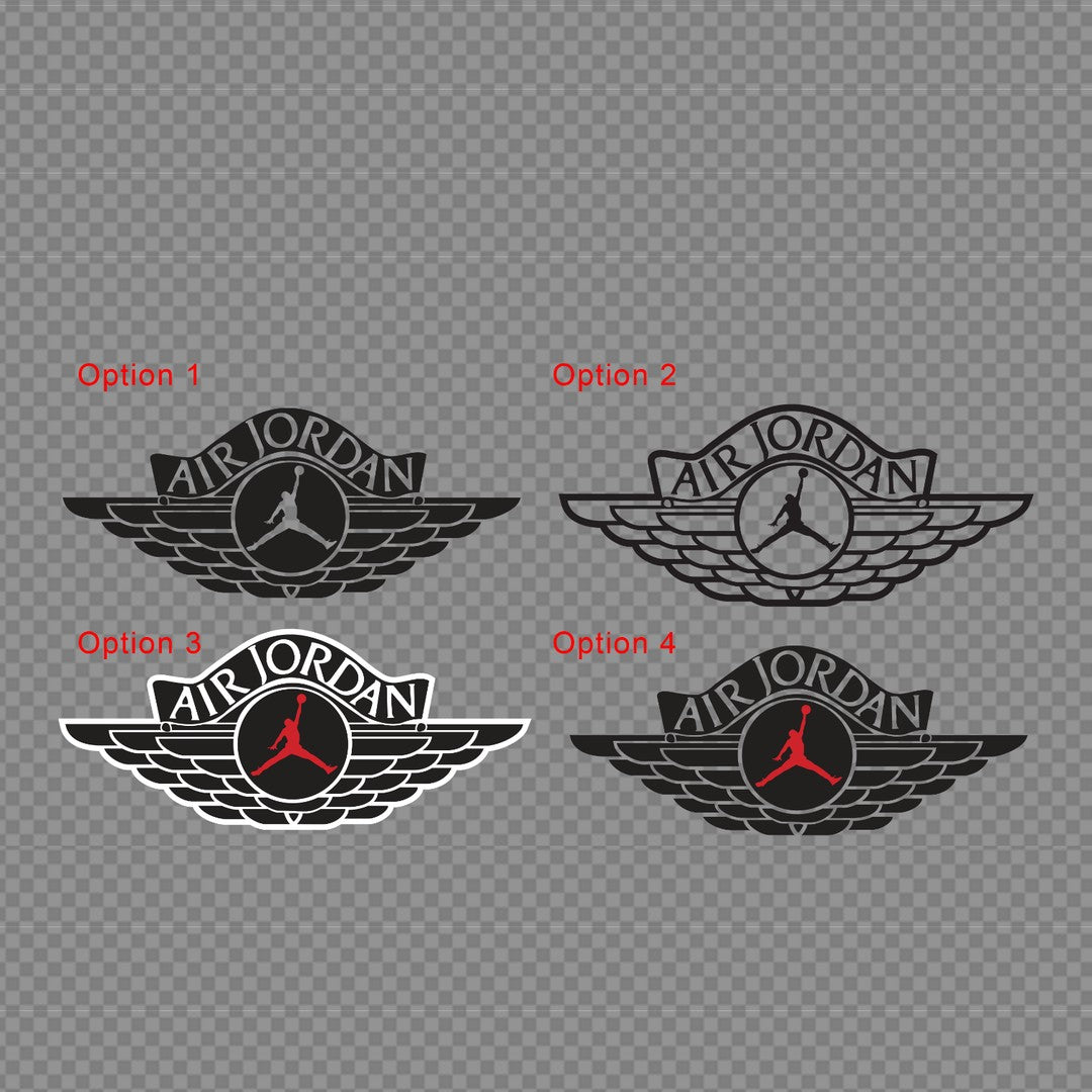 Air Jordan winged logo decal options chart – four black, grey and red Jumpman badges on a checkered background