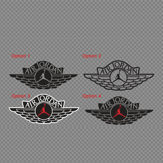 Air Jordan winged logo decal options chart – four black, grey and red Jumpman badges on a checkered background