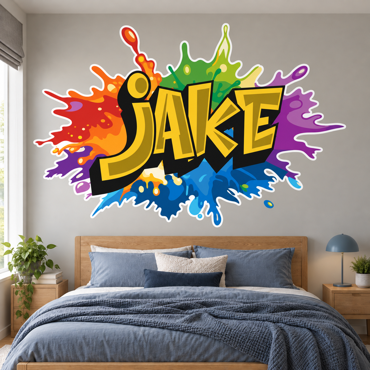 Custom rainbow graffiti name sticker shown above a bed, large removable matt vinyl indoor wall example