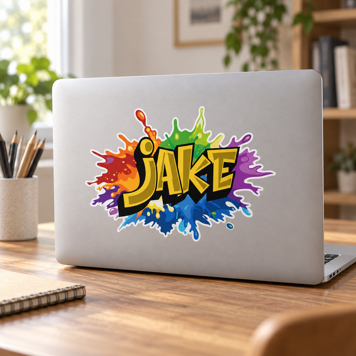 Custom rainbow graffiti name sticker shown on a silver laptop lid, outdoor bubble-free vinyl personal-item example