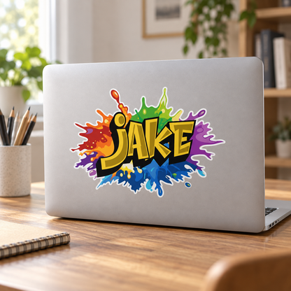 Custom rainbow graffiti name sticker shown on a silver laptop lid, outdoor bubble-free vinyl personal-item example