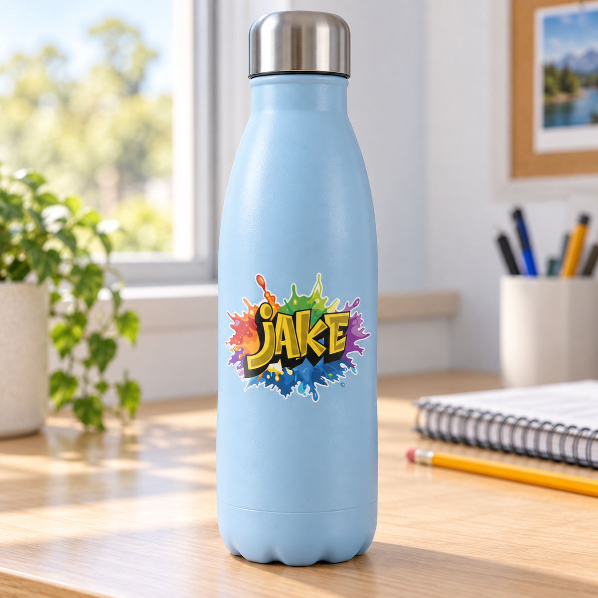 Custom rainbow graffiti name sticker shown on a water bottle, small outdoor vinyl personal-item example