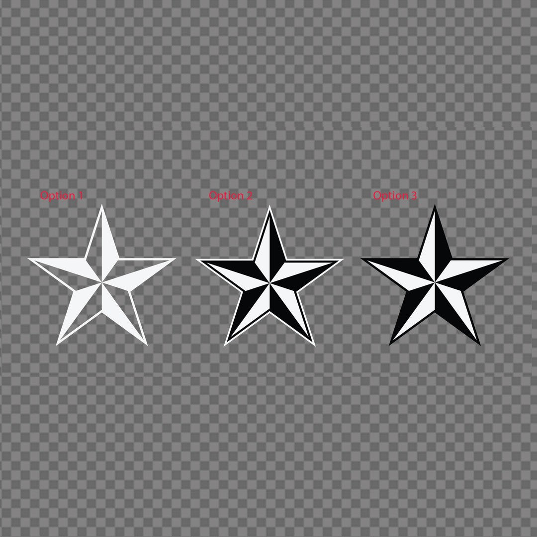 Nautical star decal – three star design options in white and black on a grey background