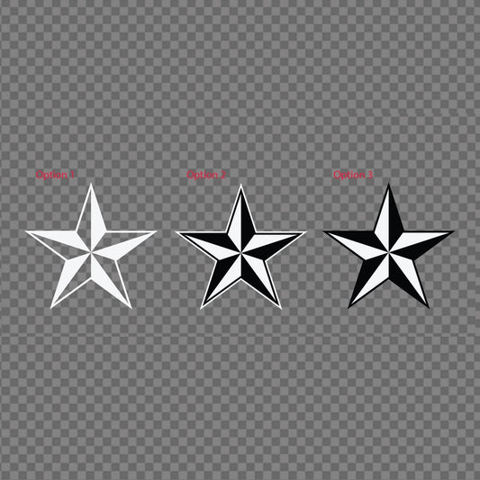 Nautical star decal – three star design options in white and black on a grey background