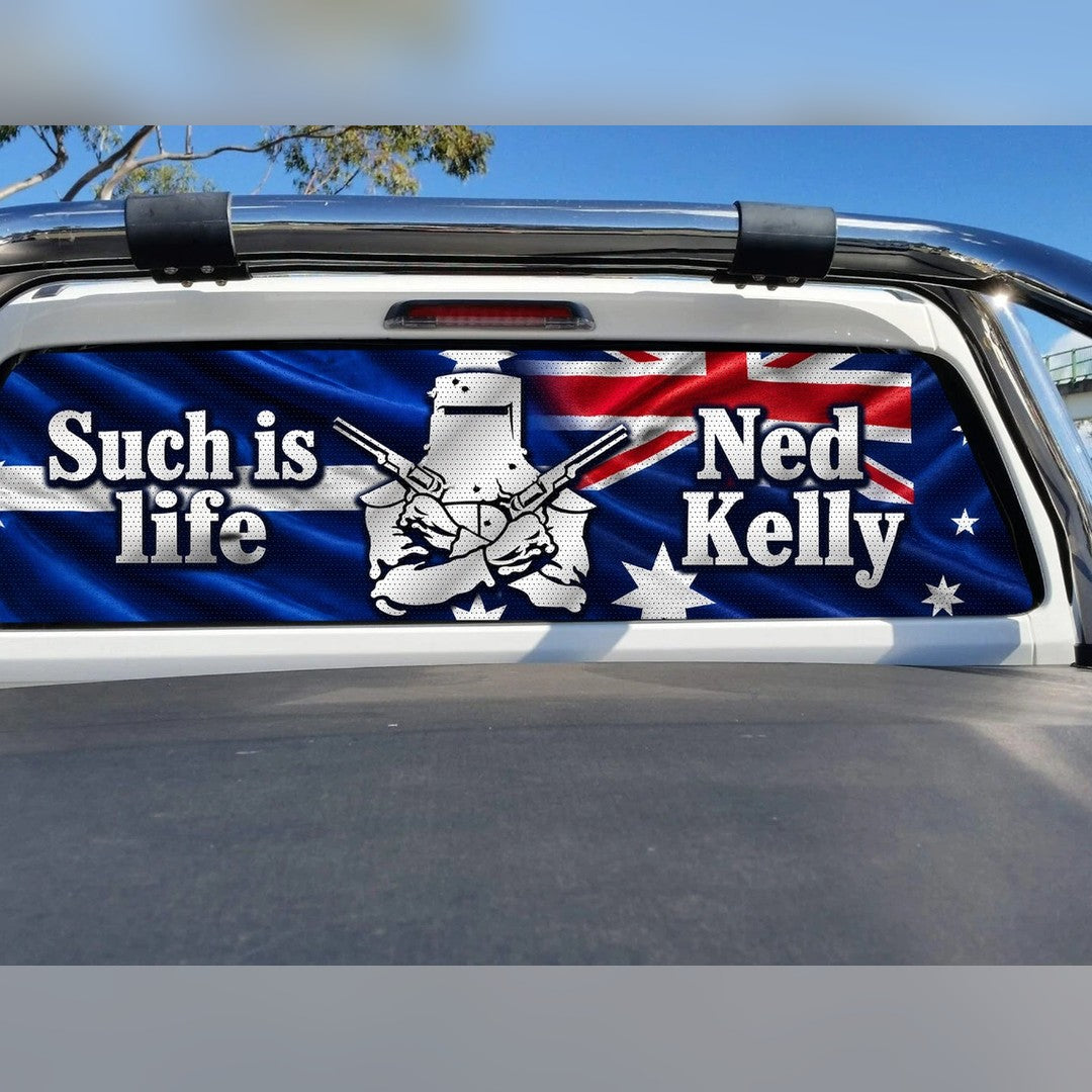 Ned Kelly 'Such is life' perforated window sticker – Australian flag design on a ute rear window