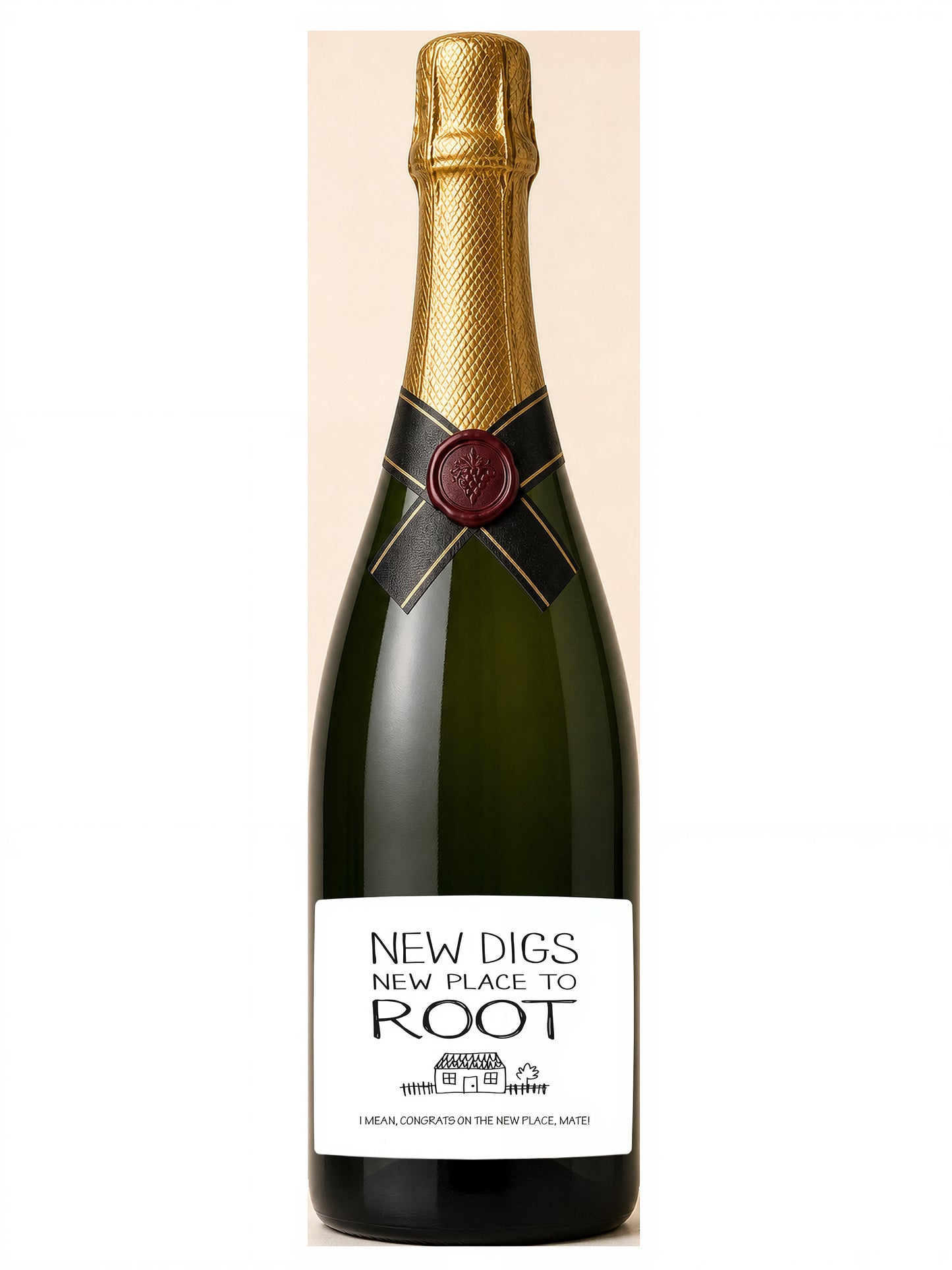 New Digs wine label in black and white – champagne bottle on a plain background