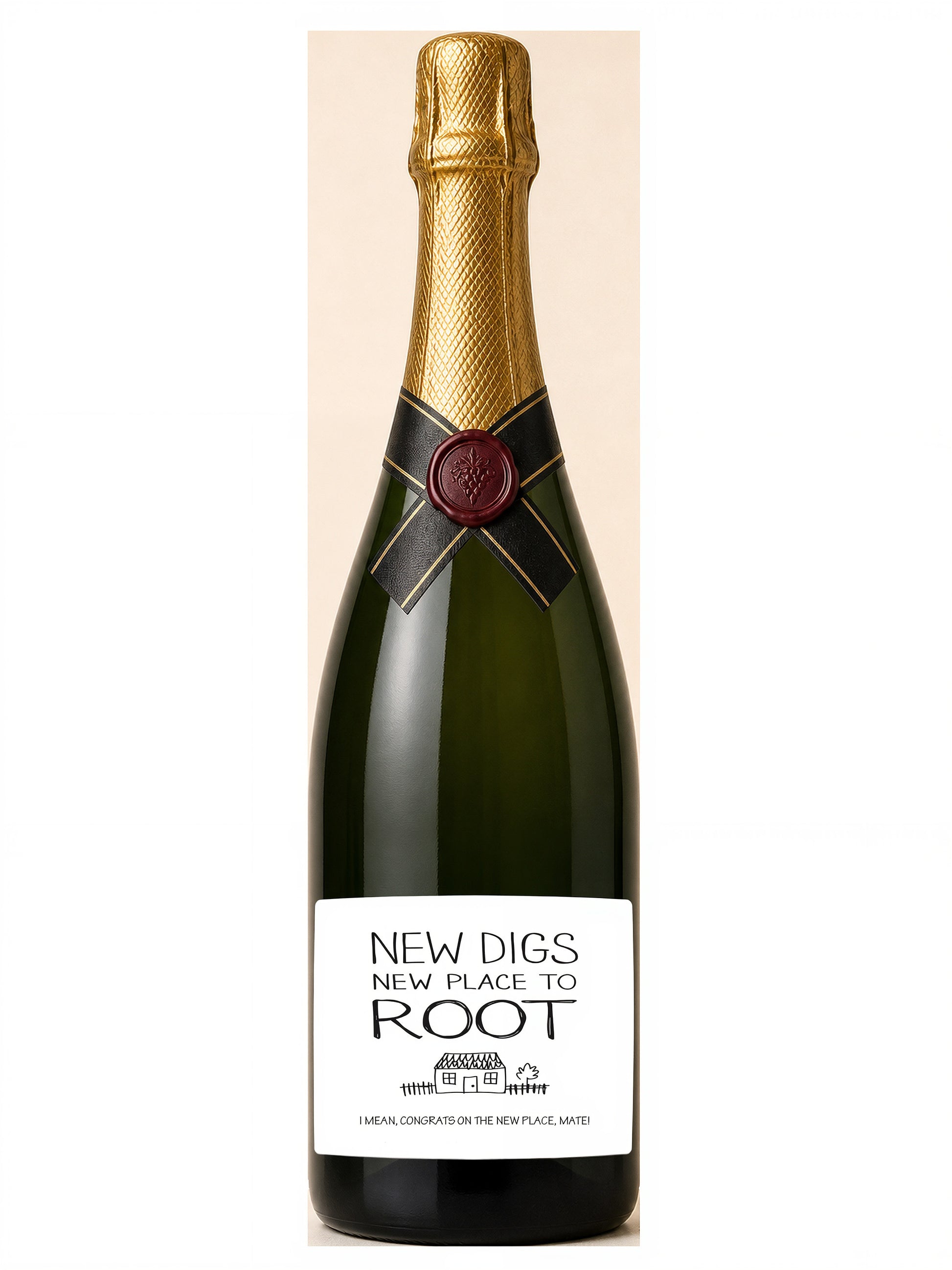 New Digs wine label in black and white – champagne bottle on a plain background